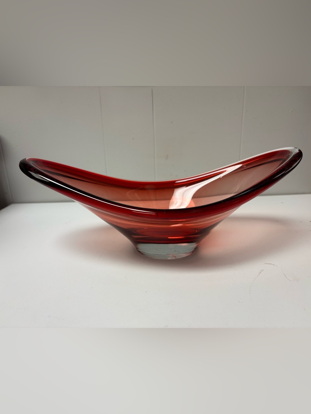 Murano Red & Clear 12.5x6.6” Sommerso Art Glass Bowl/Dish Mid Century Modern
